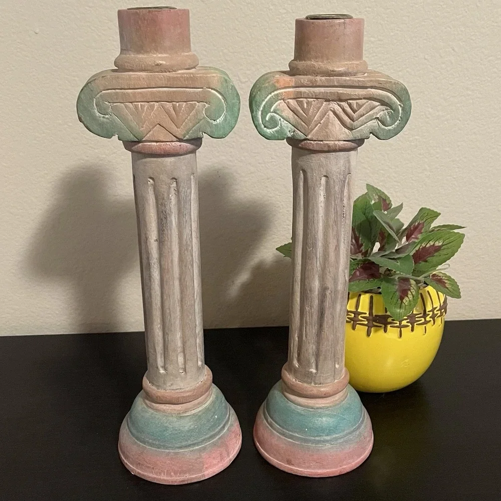 Pier 1 Aztec‎ Pillar Candlesticks Set Southwest Wooden Carved Pastel Decor